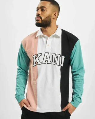 KARL KANI KK COLLEGE BLOCK RUGBY SHIRT WHITE/TURQUOISE/PINK/BLACK