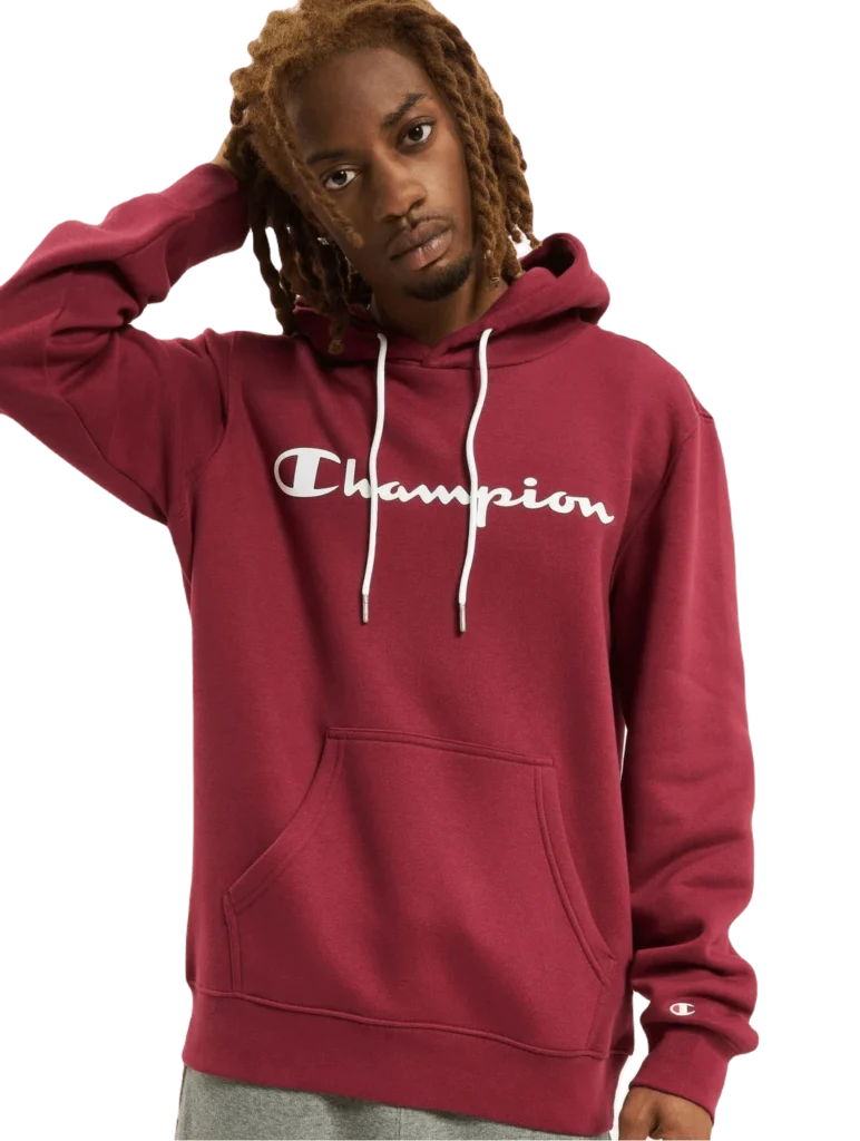 CHAMPION LEGACY SCRIPT LOGO PRINT COTTON TERRY HOODIE 2214743 CHA VS516 BURGUNDY RED