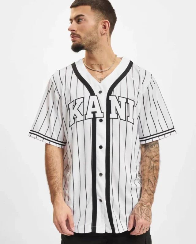 KARL KANI SERIF PINSTRIPE BASEBALL SHIRT WHITE/BLACK WHITE KM221-115-2