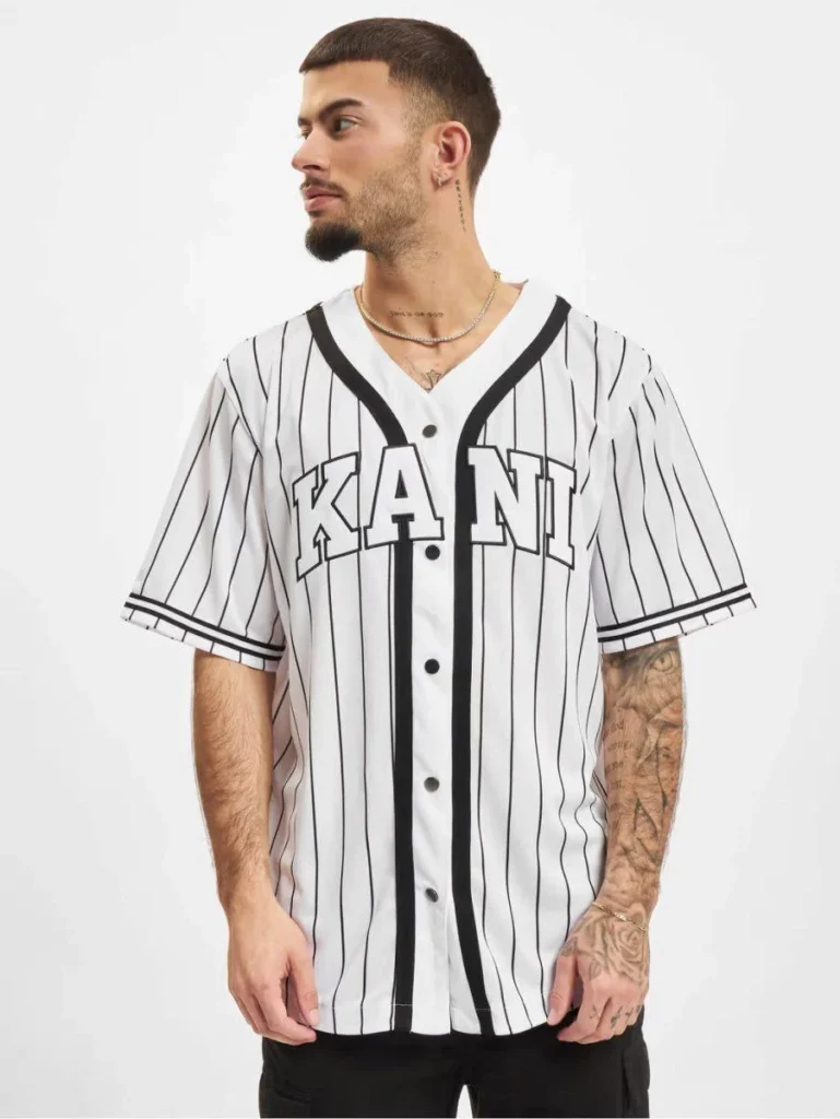 KARL KANI SERIF PINSTRIPE BASEBALL SHIRT WHITE/BLACK WHITE KM221-115-2