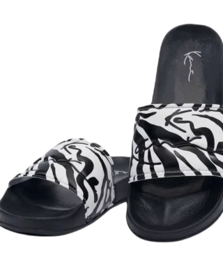 KARL KANI SIGNATURE ZEBRA AOP POOL SLIDES BLACK / WHITE - KARL KANI