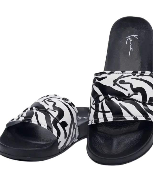 KARL KANI SIGNATURE ZEBRA AOP POOL SLIDES BLACK / WHITE - KARL KANI