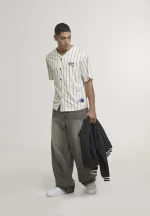 KARL KANI CURSIVE VARSITY PINSTRIPE CROPPED BASEBALL SHIRT WHITE KM261-018-1 - Image 6