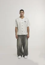 KARL KANI CURSIVE VARSITY PINSTRIPE CROPPED BASEBALL SHIRT WHITE KM261-018-1 - Image 5