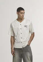 KARL KANI CURSIVE VARSITY PINSTRIPE CROPPED BASEBALL SHIRT WHITE KM261-018-1