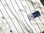 KARL KANI CURSIVE VARSITY PINSTRIPE CROPPED BASEBALL SHIRT WHITE KM261-018-1 - Image 3