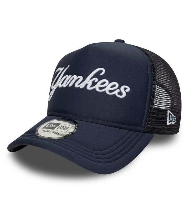 NEW ERA New York Yankees MLB Script 9FORTY A-Frame Trucker Adjustable Cap Navy 60691182 - NEW ERA