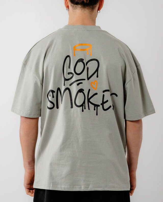 AT-251343_B Bee Unusual ” God smokes ” Oversized T-shirt Neutral Grey - BEEUNUSUAL