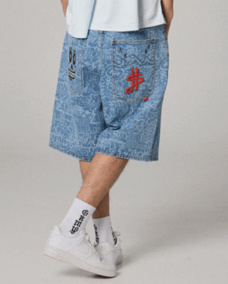 GRIMEY STARDUST ALL OVER LASER BAGGY DENIM SHORTS WASHED GBDS207-WDB - GRIMEY