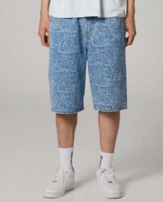 GRIMEY STARDUST ALL OVER LASER BAGGY DENIM SHORTS WASHED GBDS207-WDB - GRIMEY