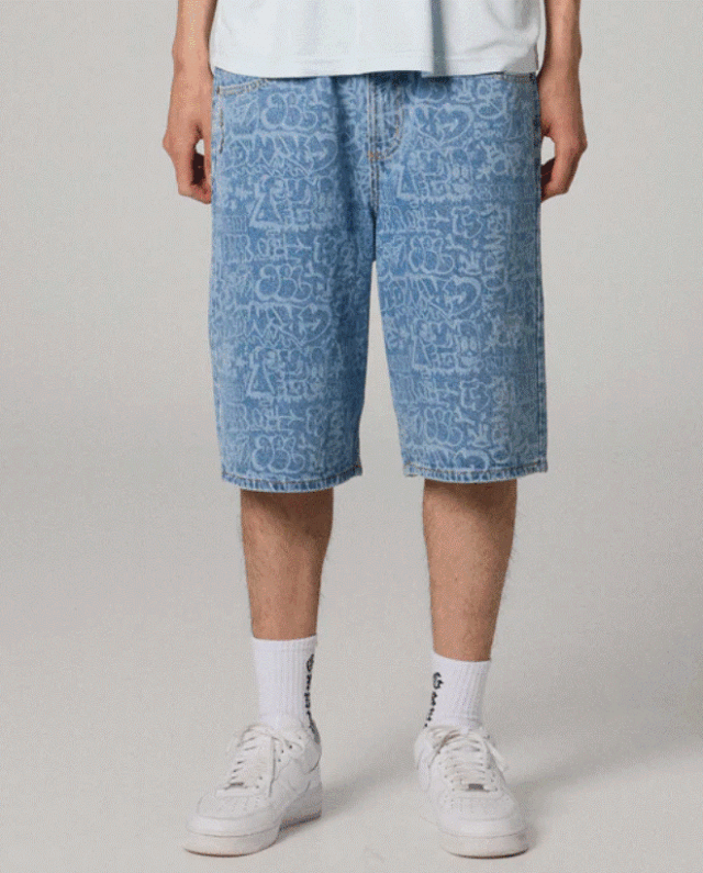 GRIMEY STARDUST ALL OVER LASER BAGGY DENIM SHORTS WASHED GBDS207-WDB - GRIMEY