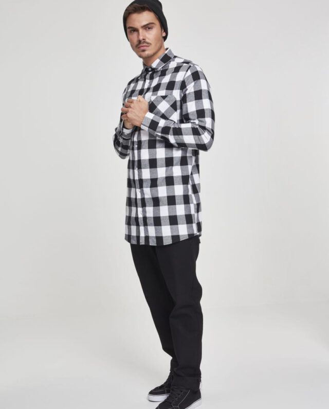 URBAN CLASSICS LONG CHECKED SHIRT TB1000 BLACK WHITE - UrbanClassics