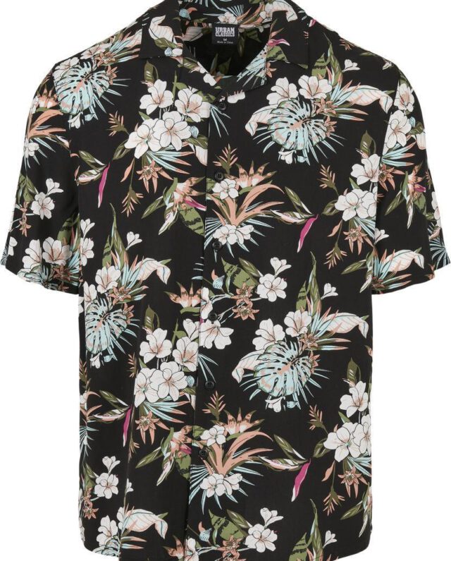 URBAN CLASSICS VISCOSE AOP RESORT SHIRT TB4150 BLACKTROPICAL - UrbanClassics