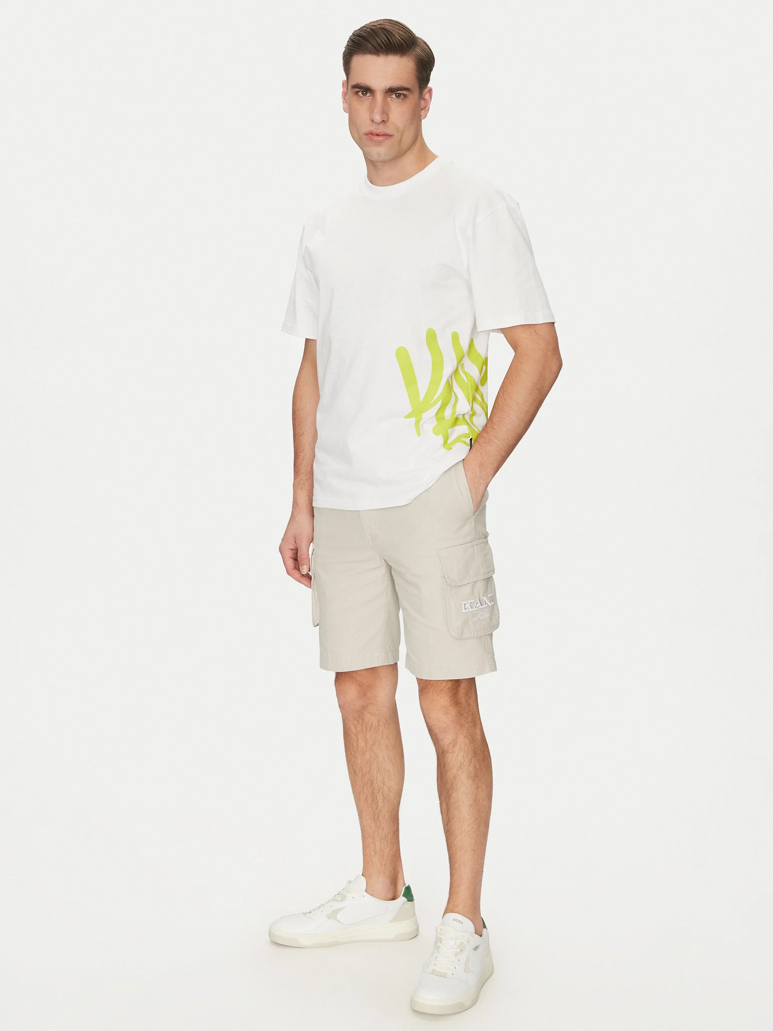 KARL KANI RETRO WASHED CARGO SHORTS OFF-WHITE BEIGE KM251-037-1 - Image 5