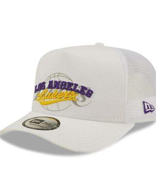 NEW ERA LA LAKERS LOGO OVERLAY WHITE A-FRAME TRUCKER CAP WHITE 60358137