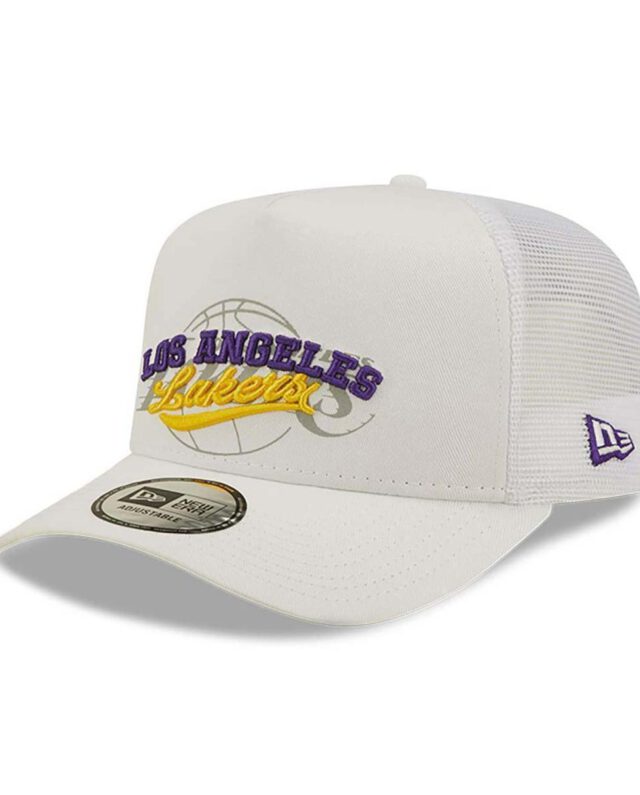 NEW ERA LA LAKERS LOGO OVERLAY WHITE A-FRAME TRUCKER CAP WHITE 60358137