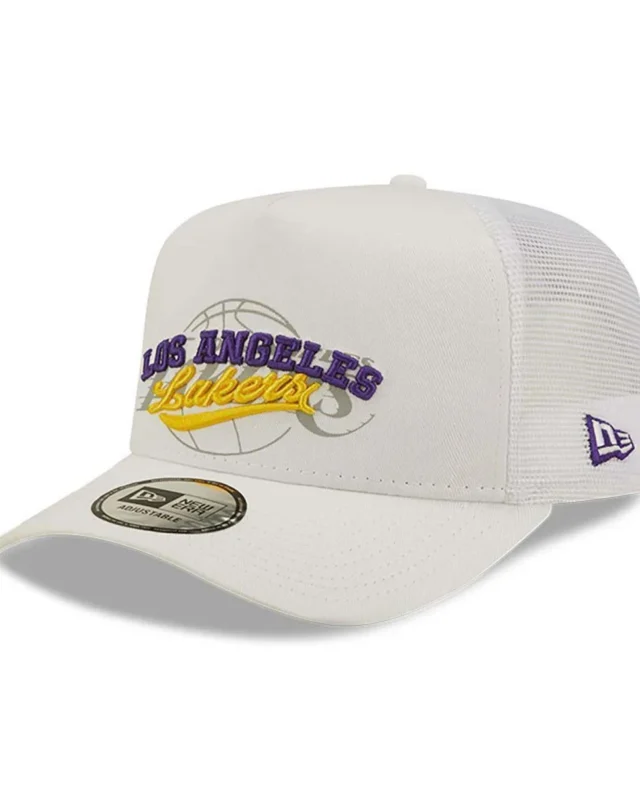 NEW ERA LA LAKERS LOGO OVERLAY WHITE A-FRAME TRUCKER CAP WHITE 60358137