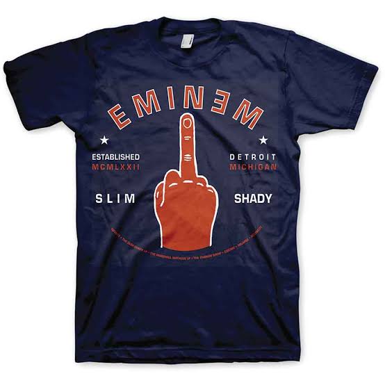 RockOff Eminem Unisex T-Shirt: Detroit Finger Navy Blue - Rap Merch
